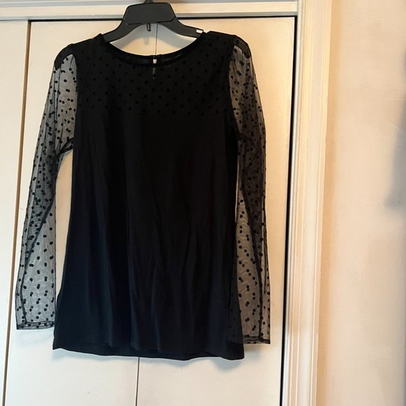 LOFT Black Blouse with Sheer Mesh Dotted Sleeves - Medium - Picture 3 of 3